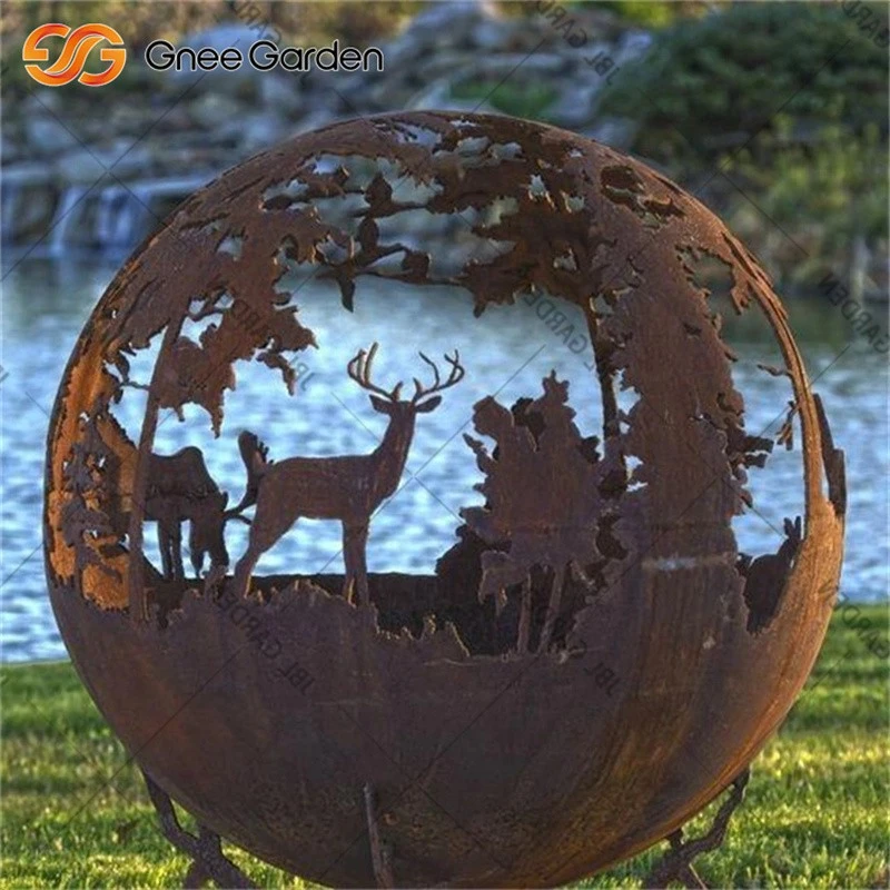 Charming Corten Steel Fireball with Forest Design